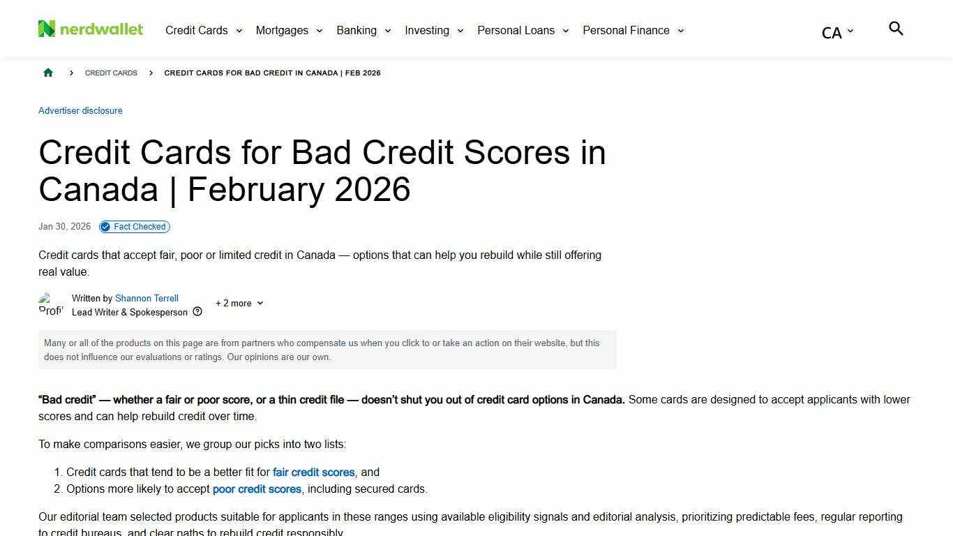 Credit Cards for Bad Credit in Canada Feb 2026 - NerdWallet Canada